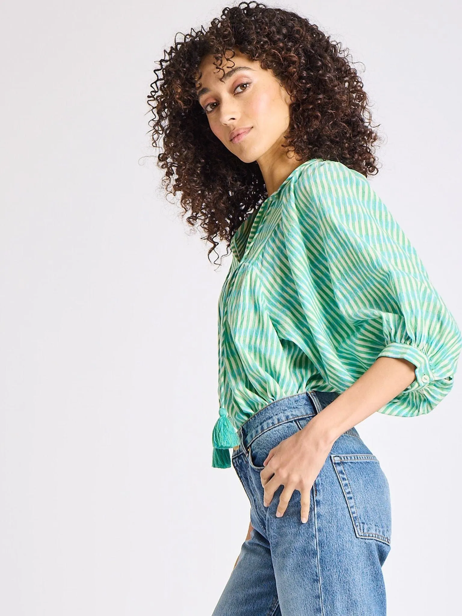 Street Style Thalia Top in Green & Blue Ikat