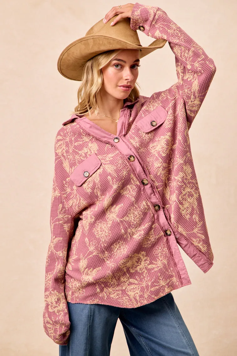 IP8315G-06 | FLORAL PRINT WASHED WAFFLE THERMAL SHACKET Lightweight Feel Hygienic Inner Layer