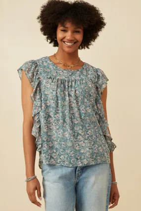 Bonded Seam Construction Antique Botanical Paisley Ruffle Top