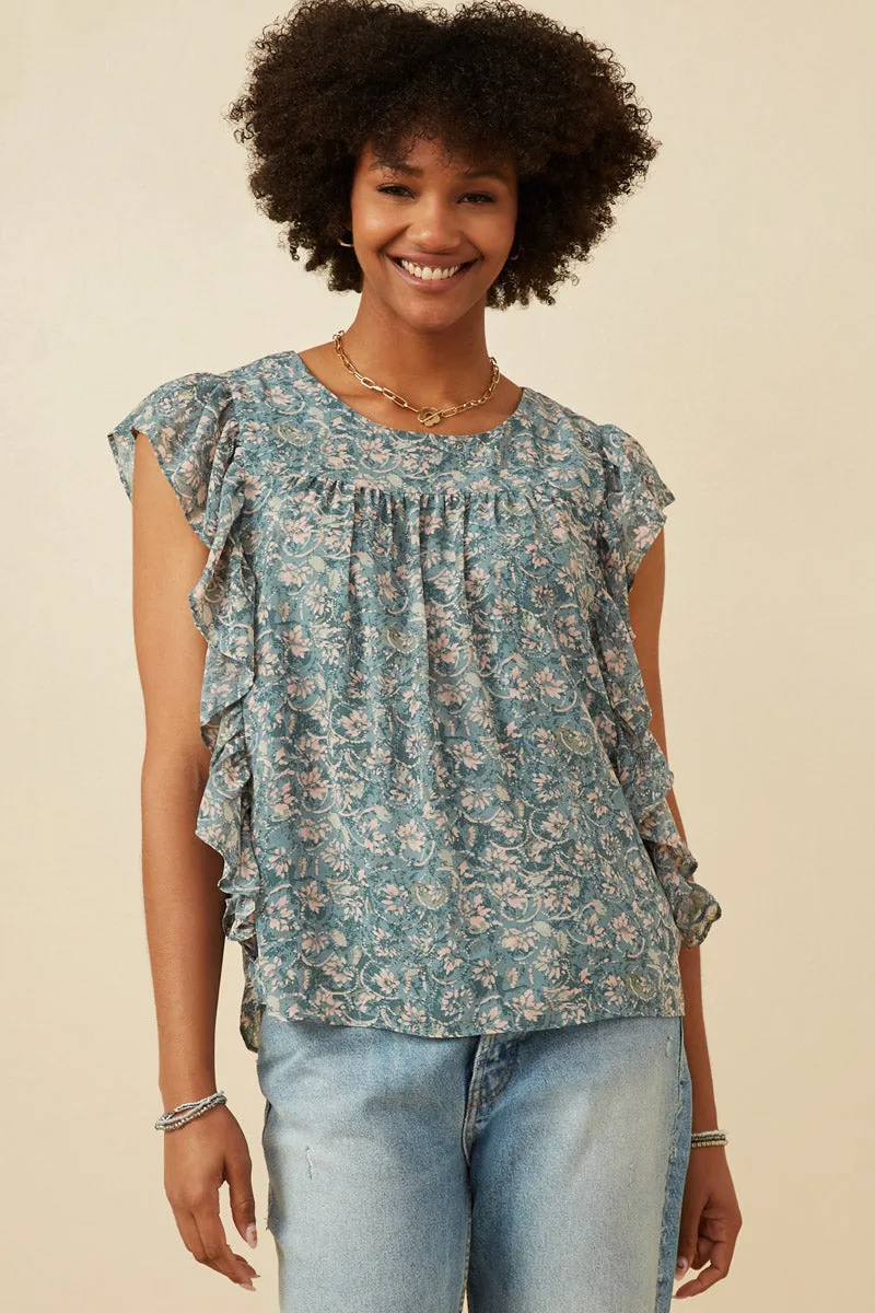 Bonded Seam Construction Antique Botanical Paisley Ruffle Top
