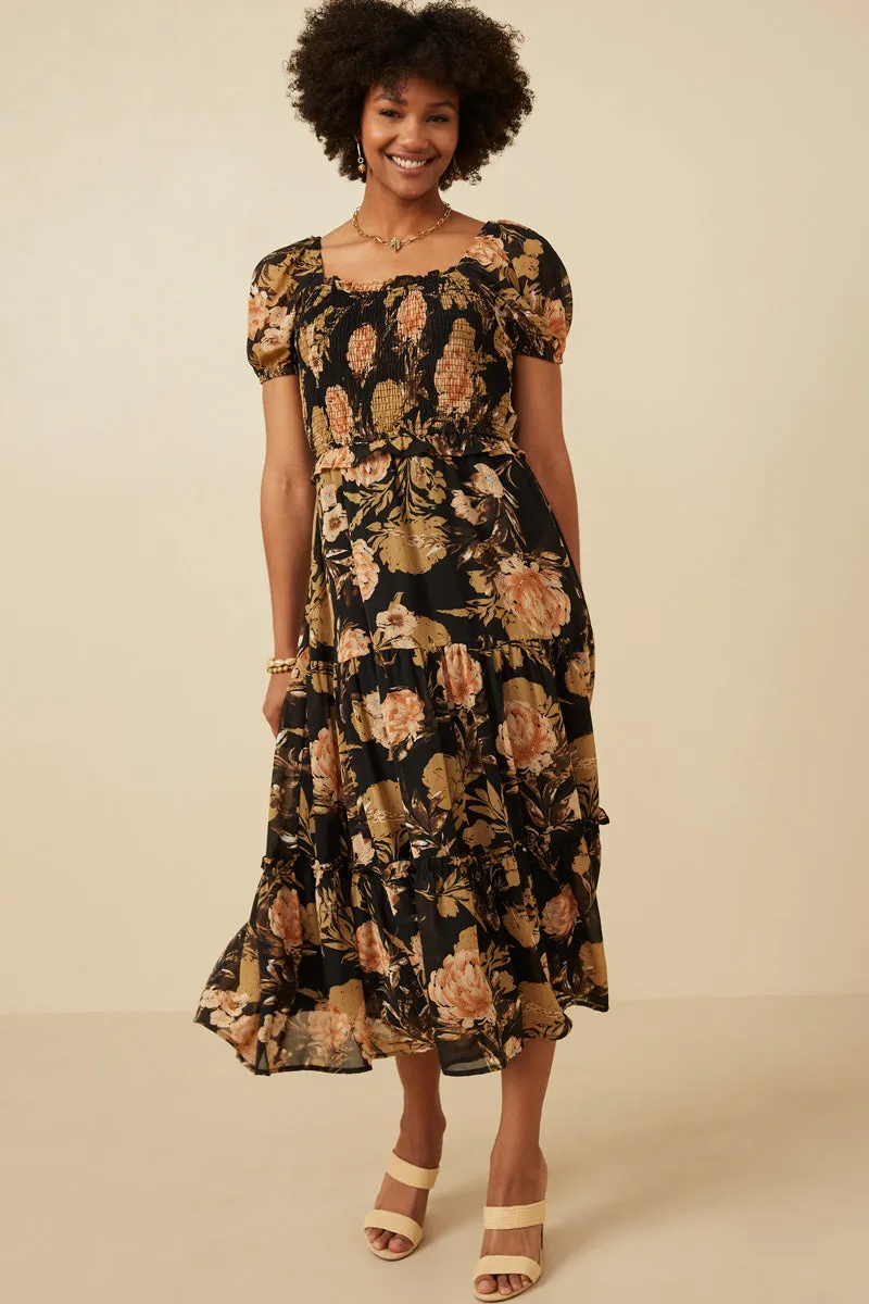 Weekend Casual Antique Floral Smocked Puff Sleeve Dress