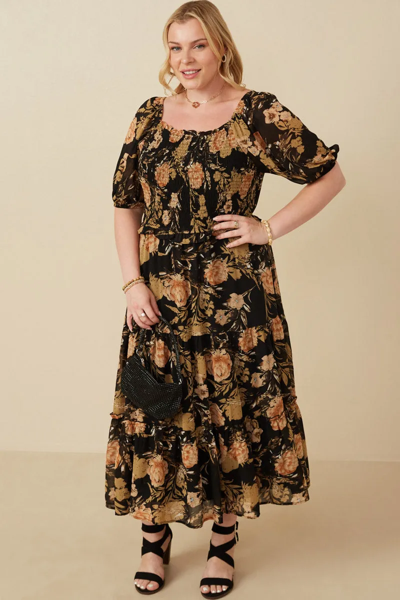 Back-Pocket Smooth Line Antique Floral Smocked Puff Sleeve Dress