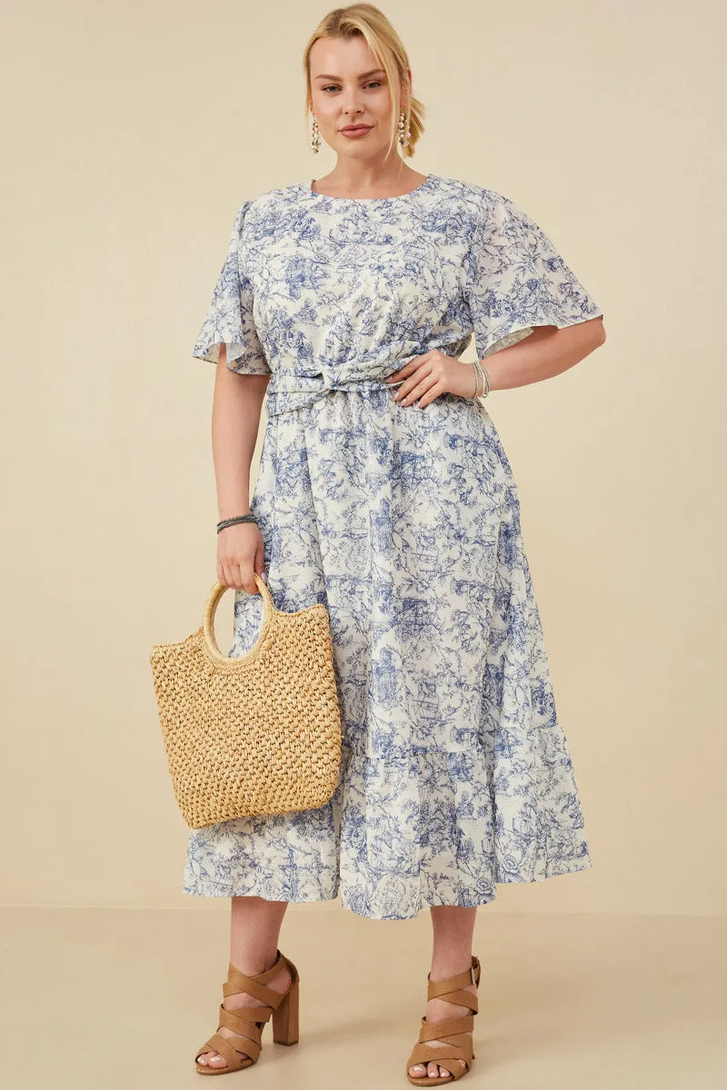 Sleek Cut Calm Grace Antique Floral Twist Waist Tie Dress