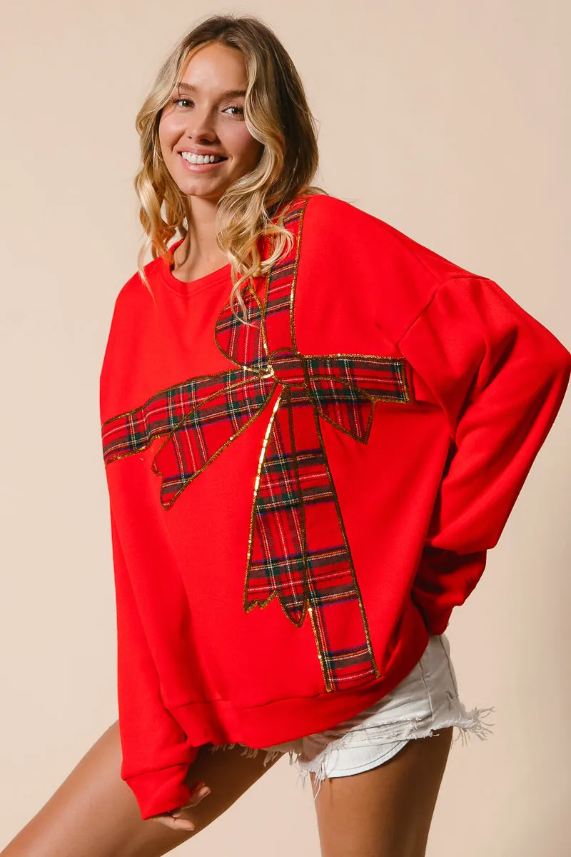 IT1508-34 | PLAID RIBBON BOW DETAIL CHRISTMAS FLEECE PULLOVER BreathableLining