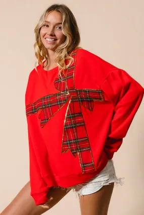 IT1508-34 | PLAID RIBBON BOW DETAIL CHRISTMAS FLEECE PULLOVER BreathableLining
