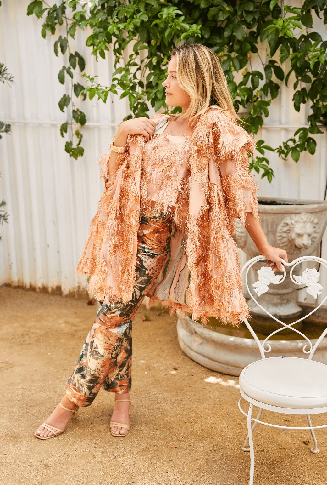 Ventilated Panels Flexible Wear SAMPLE - The Charlie Pant - Rose Gold Floral Lame