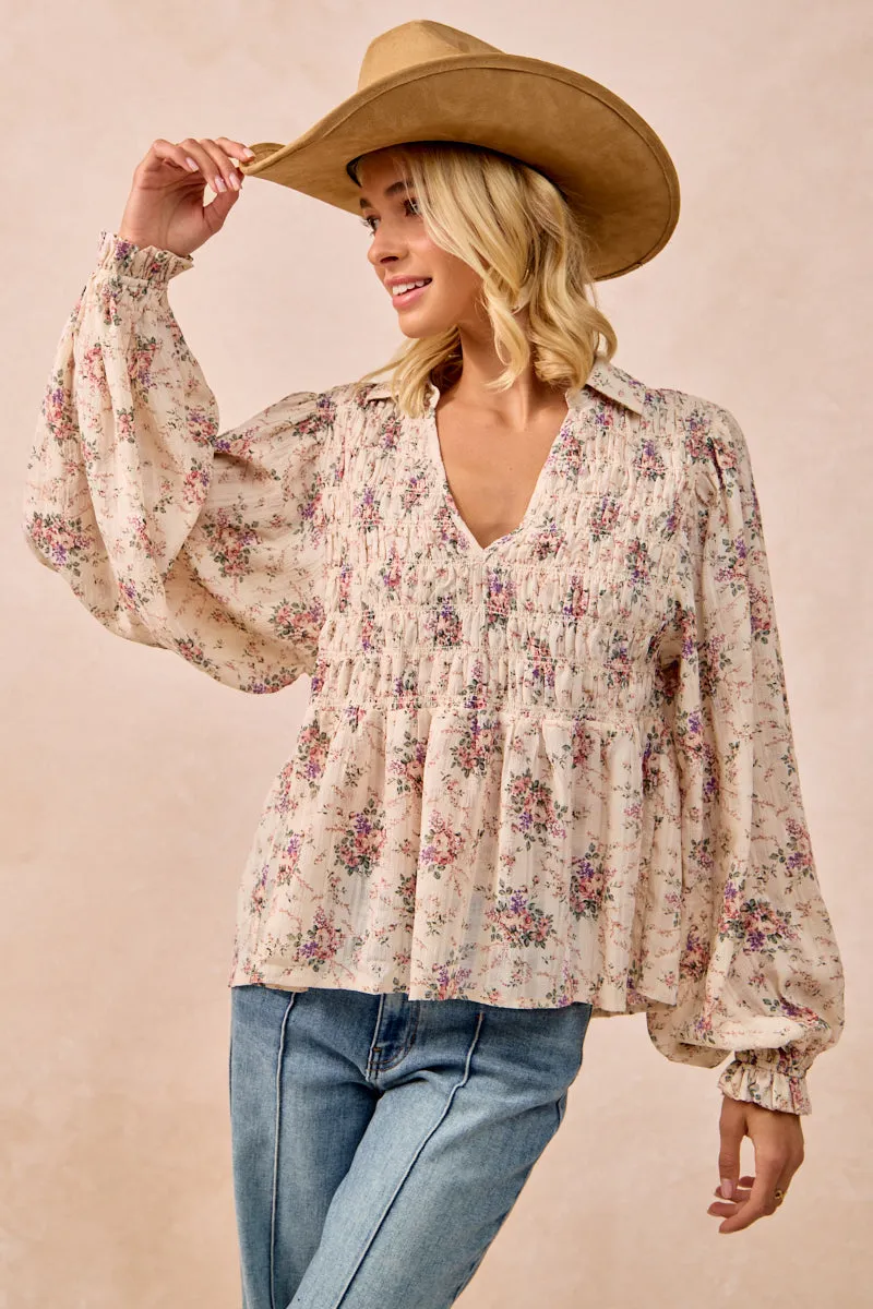 Outdoor Apparel IT4443S-01 | FLORAL PRINTED WOVEN V NECK TOP WITH SMOKED DETAIL