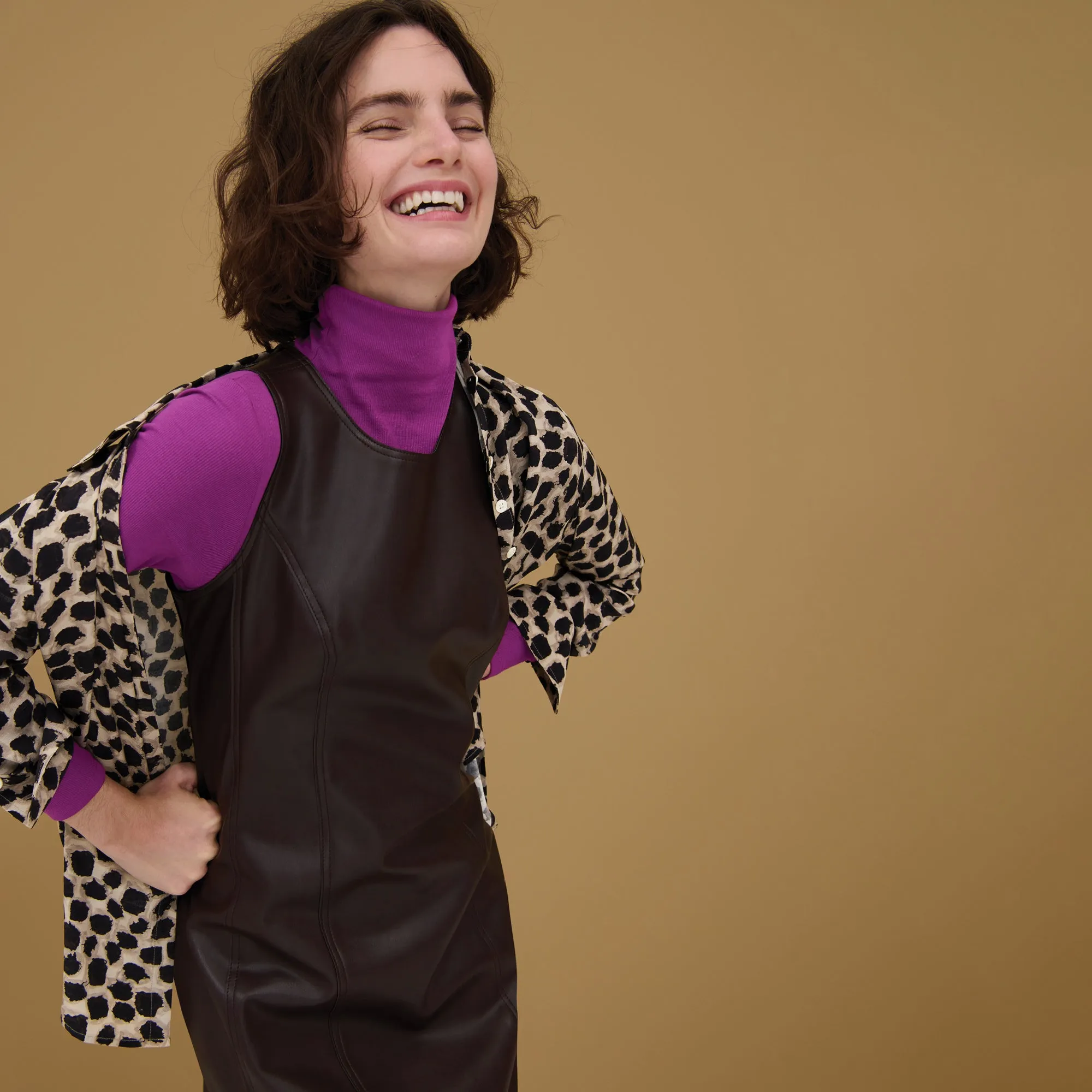 AntiStatic Fabric Chloe Dress - Vegan Leather :: Brown Hooded Design