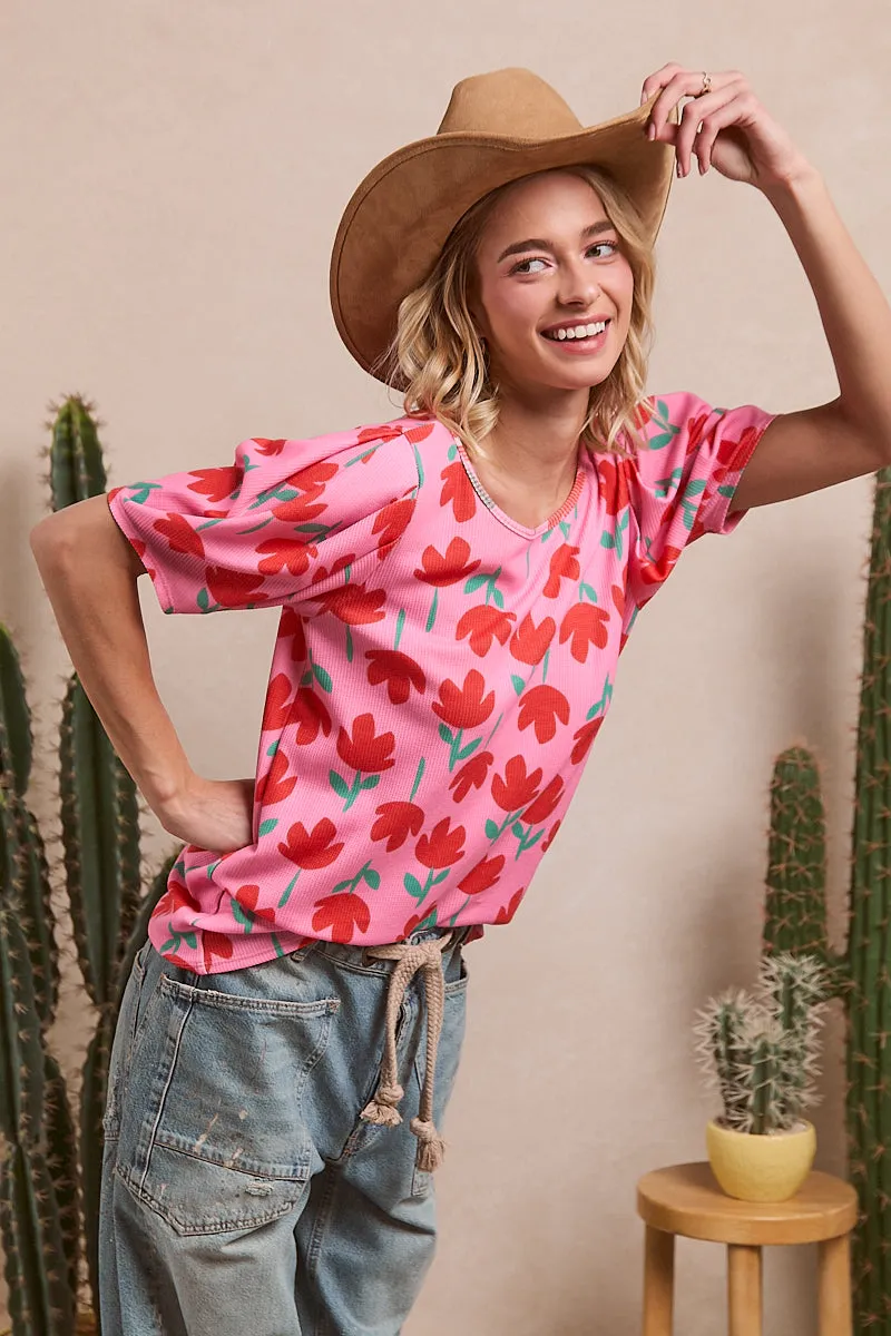 Non Irritating Collar WaterRepellent Finish IT1126S-04M | FLOWER RPINTED THERMAL PUFF SLEEVES TOP