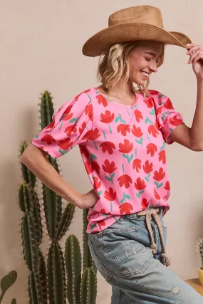 Sleek Casual IT1126S-04M | FLOWER RPINTED THERMAL PUFF SLEEVES TOP