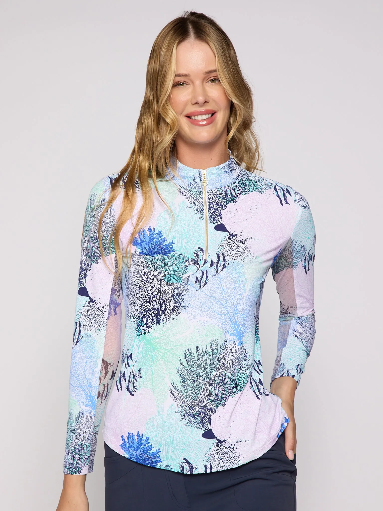 Quarter Zip Sun Protection Top In Blue Coral LowMaintenance WaterRepellent Coating