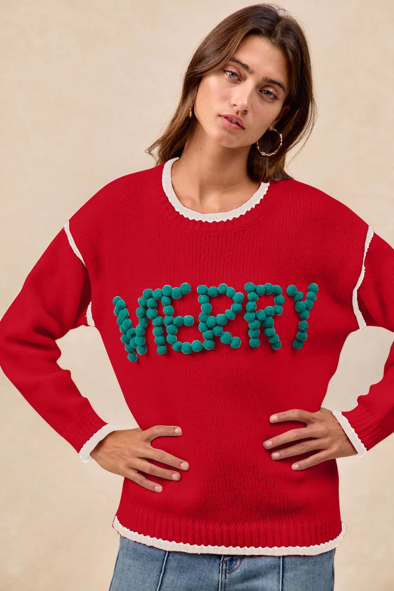 IT4702H-03 | CHRISTMAS THEME POMPOM LATTERING MERRY SWEATER TOP QuickDryConstruction