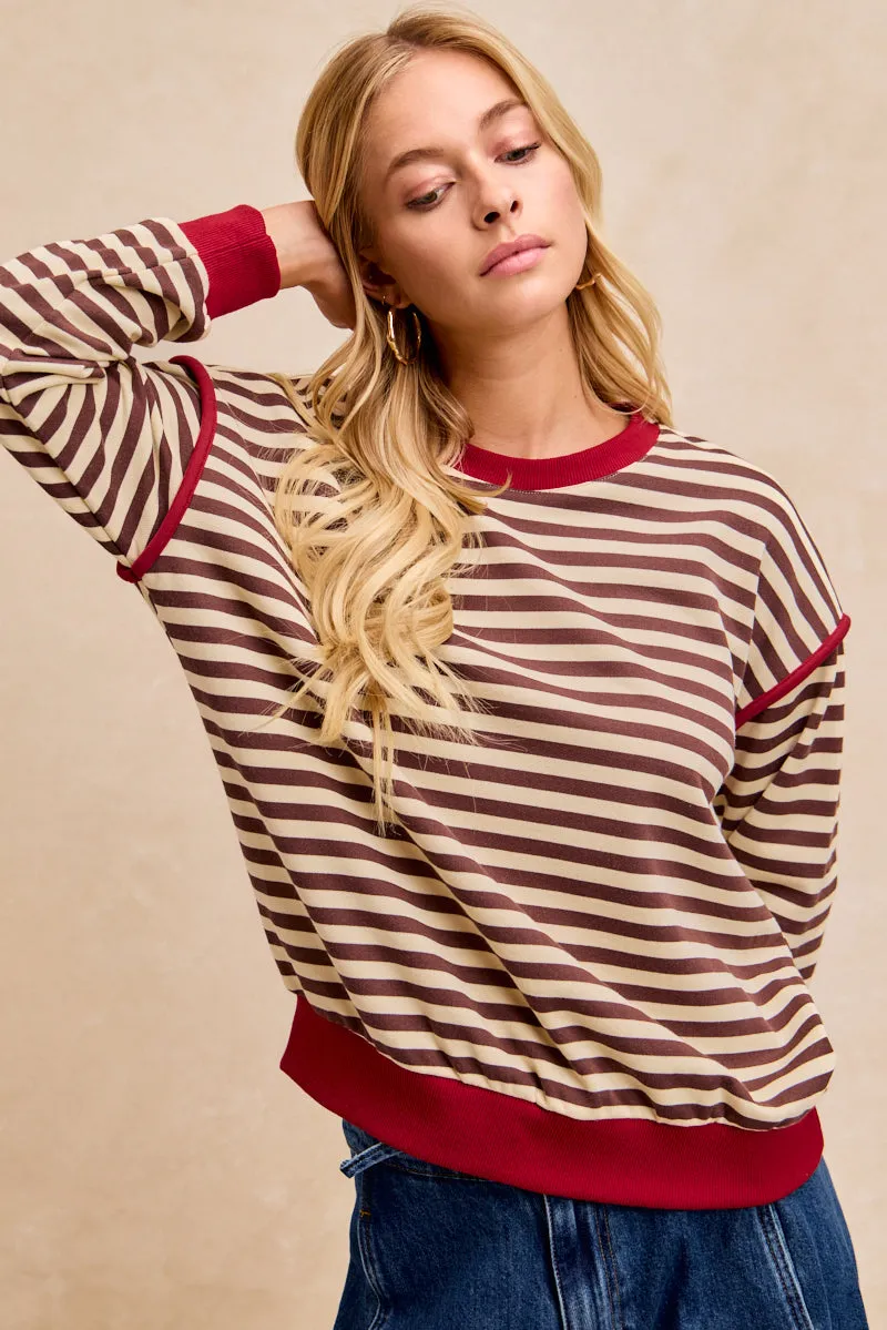 IT4874S-01 | STRIPE TERRY WITH CONTRAST BINDING TOP Convertible Collar Design Eco Friendly Recycled Material