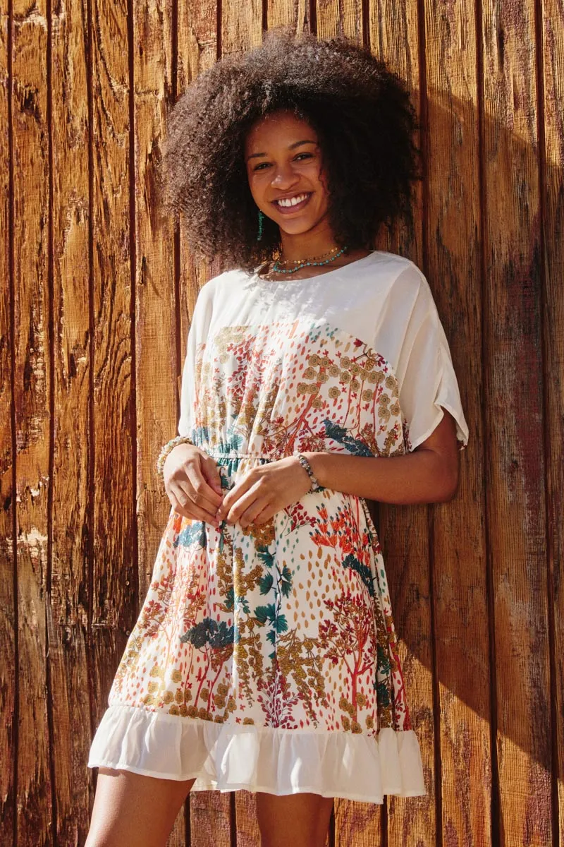 Smooth-Finish Natural Light Women Contrast Tree Print Dolman Sleeve Dress