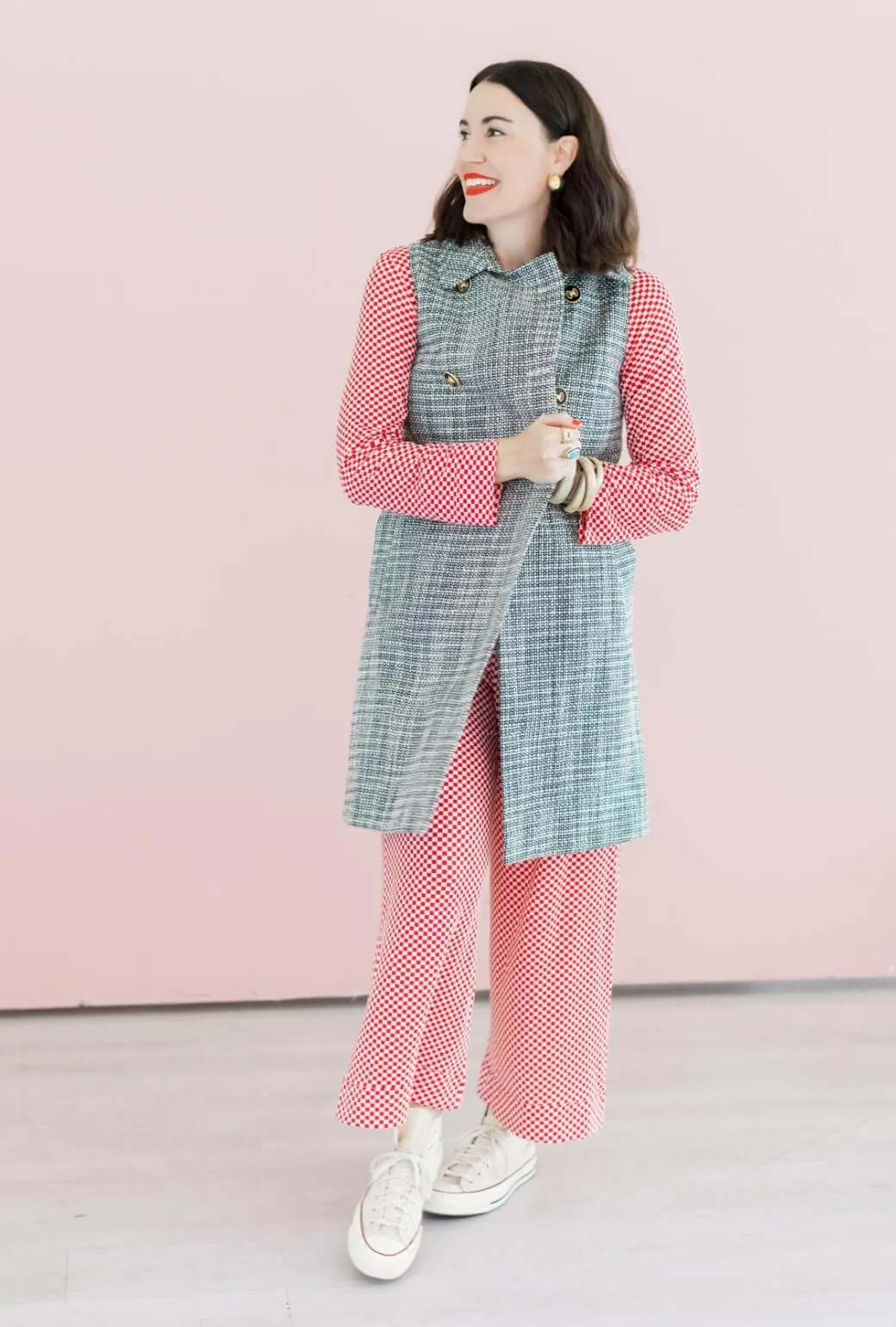 Buru x Val Wide Leg Knit Trouser - Red & White Checkerboard Self Fabric Tie LatticeKnit