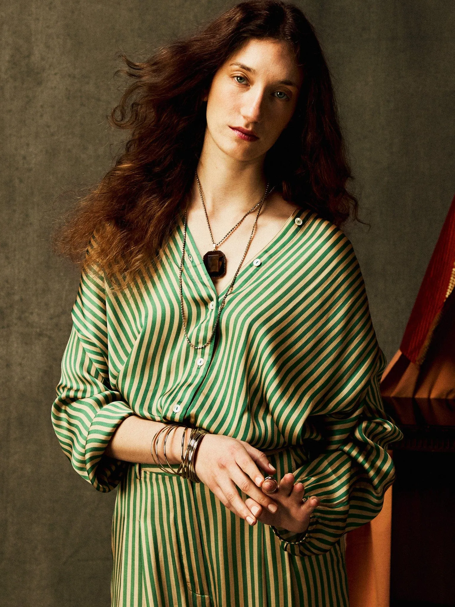 EcoFriendly Dye Process Sofia Top in Almond & Green Stripe