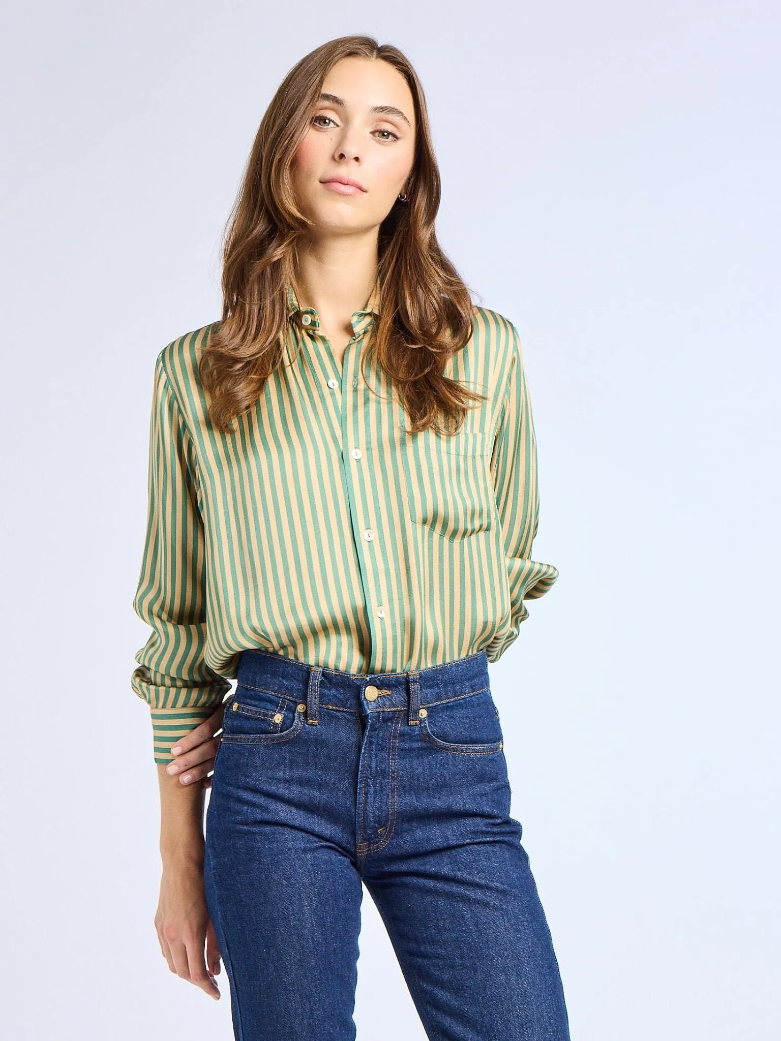 AntiPilling Technology Sofia Top in Almond & Green Stripe
