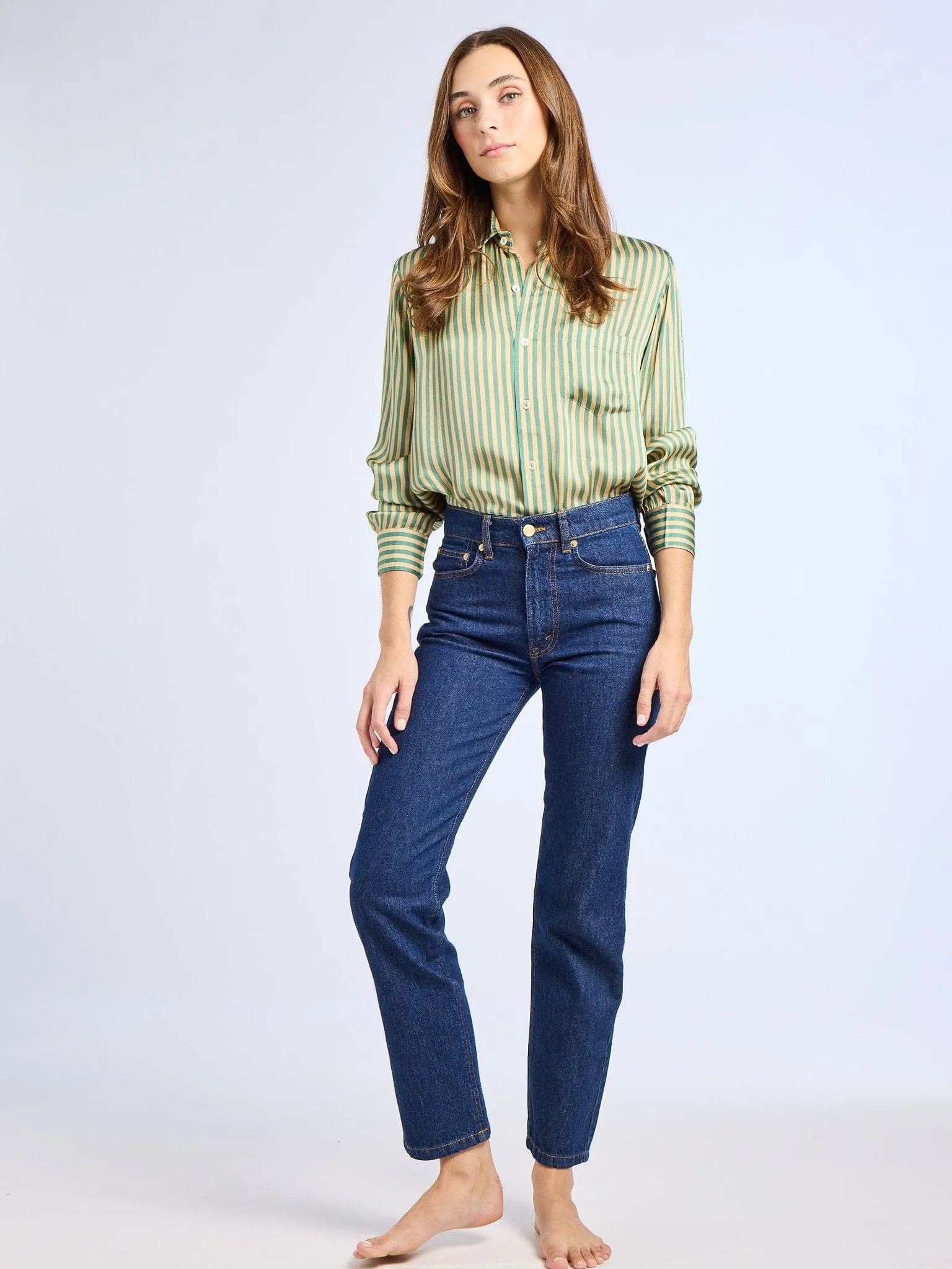 Sofia Top in Almond & Green Stripe Snag Resistant Surface BoxySilhouette