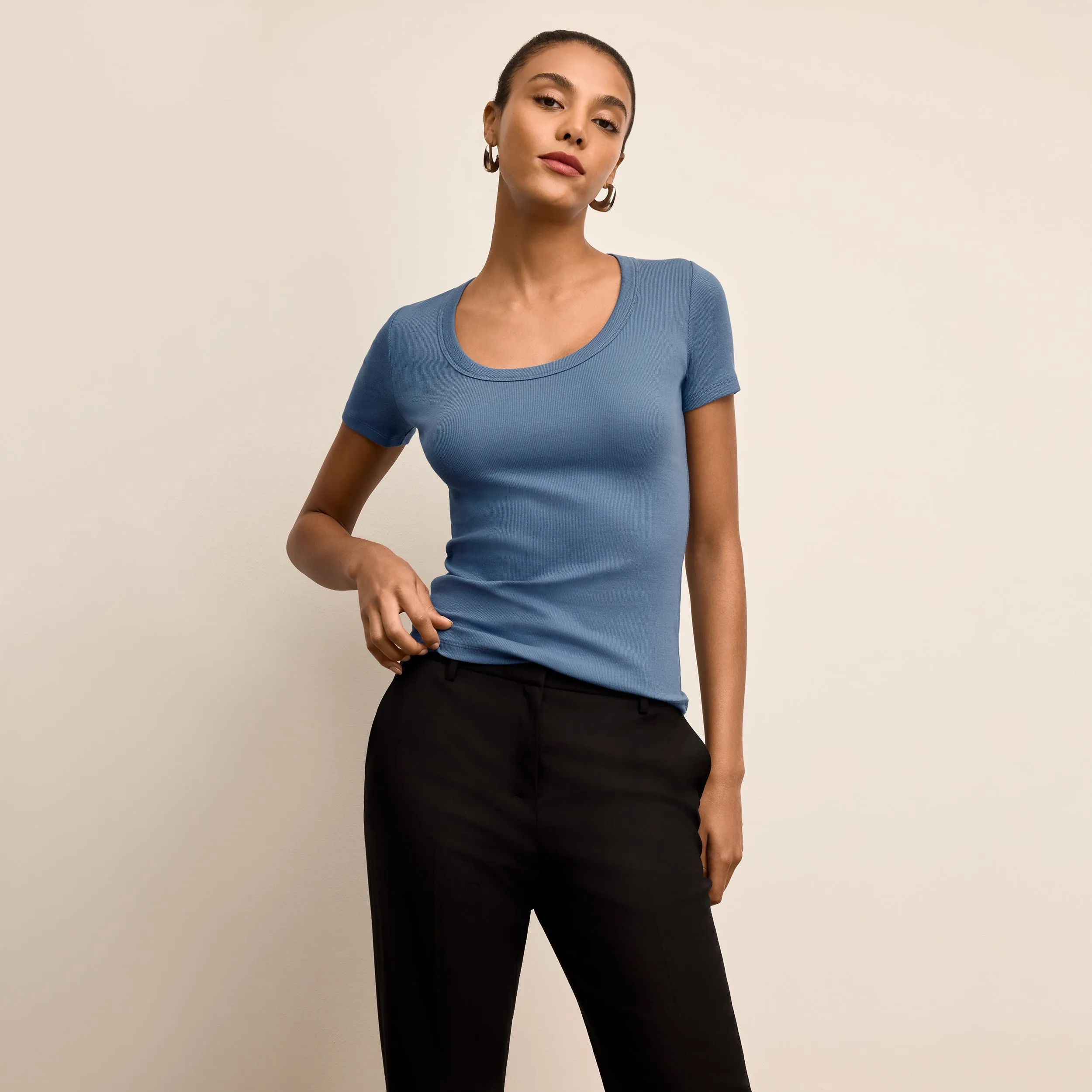 Running Gear Recycled Material Avi Scoopneck T - Shirt - Organic Ribbed Pima Cotton :: Moonlight Blue