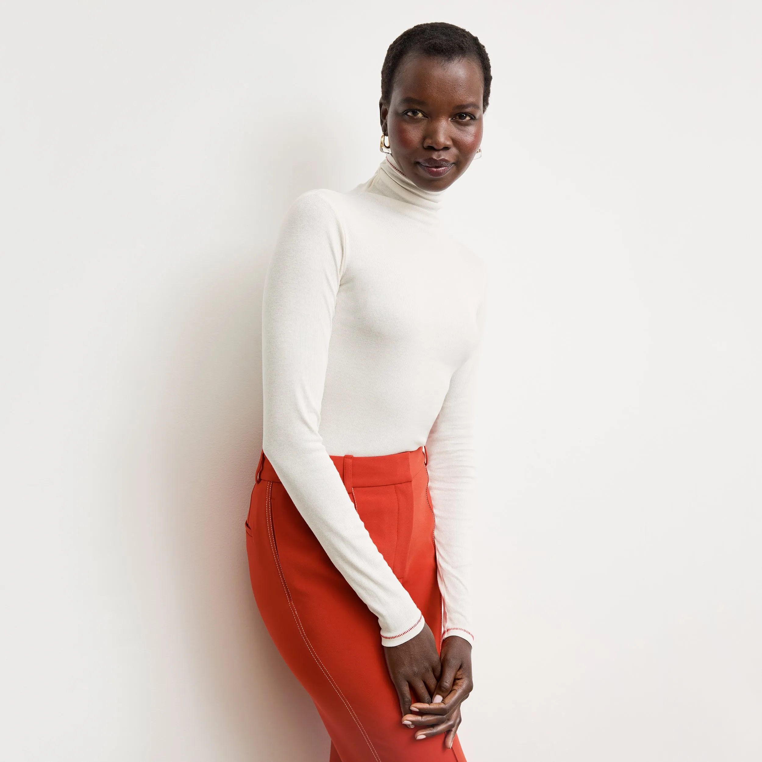 Soft Touch Blend Moisture Wicking Technology Perfect Fit Axam Layering Turtleneck - Contrast Organic Ribbed Pima Cotton :: Ivory/Red