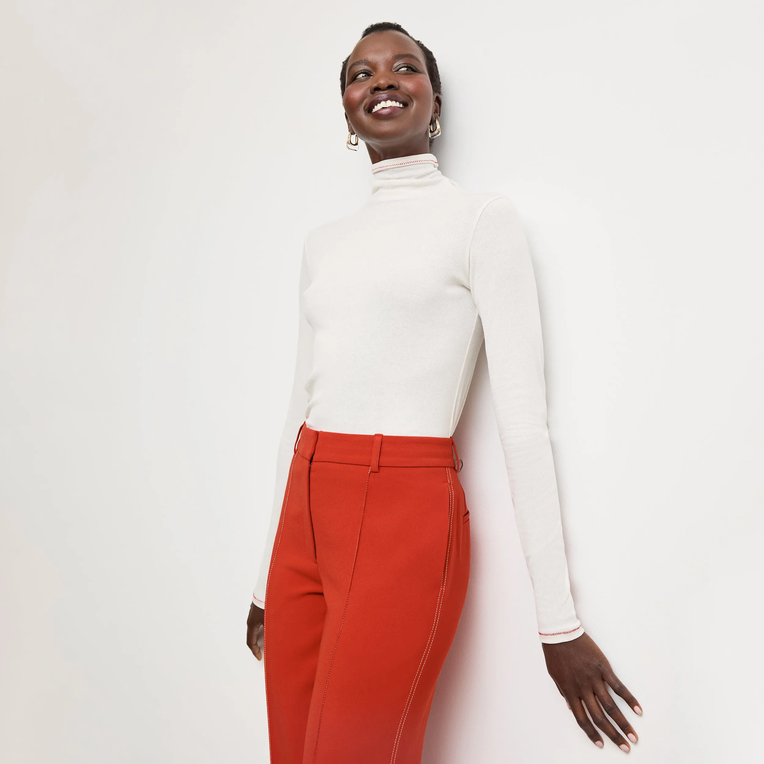 Weighted Hem Trim Axam Layering Turtleneck - Contrast Organic Ribbed Pima Cotton :: Ivory/Red