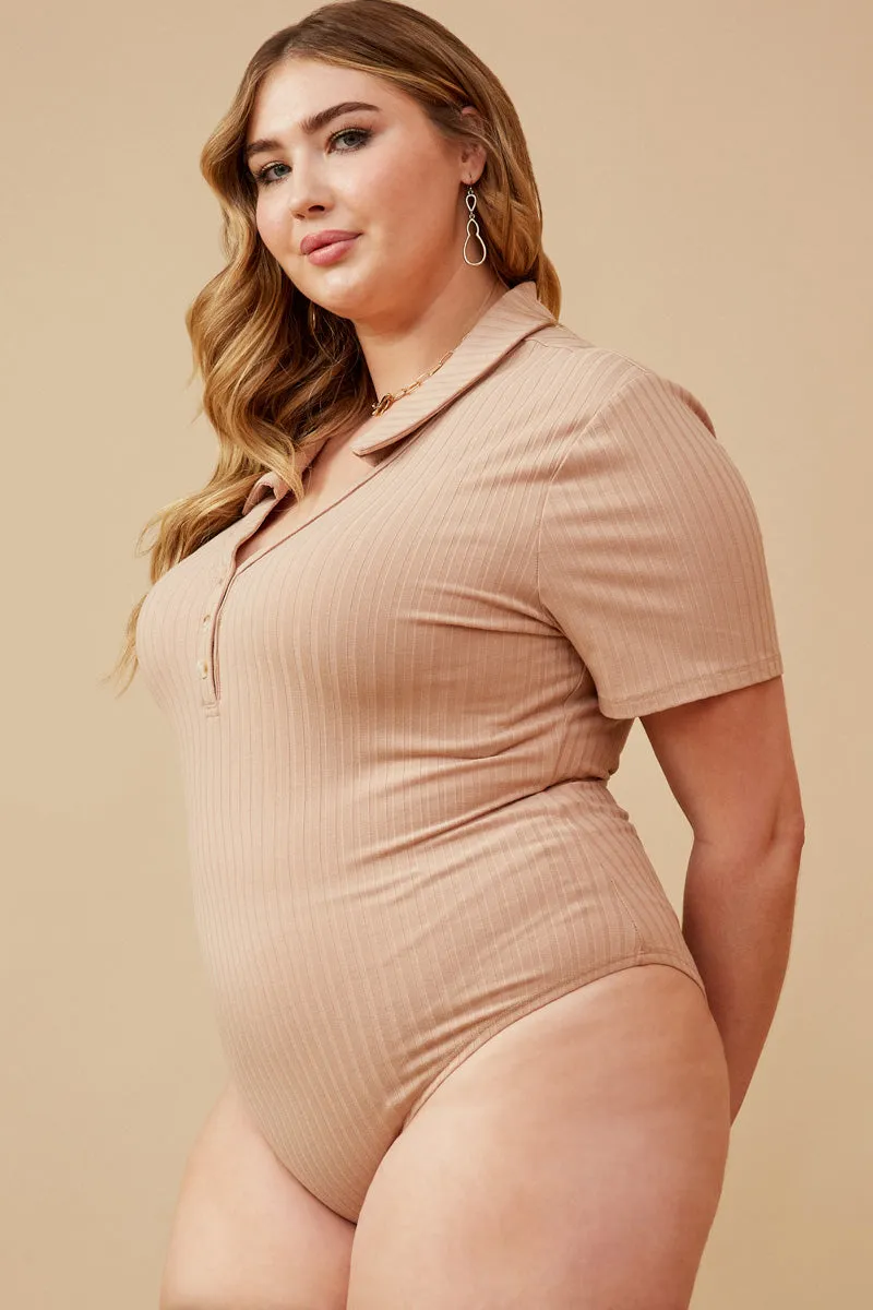 Back Cutout Collared Rib Bodysuit Flowing Design Flatlock Seam Technique