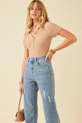 Back Cutout Collared Rib Bodysuit LongSleeve Fitted Blouse