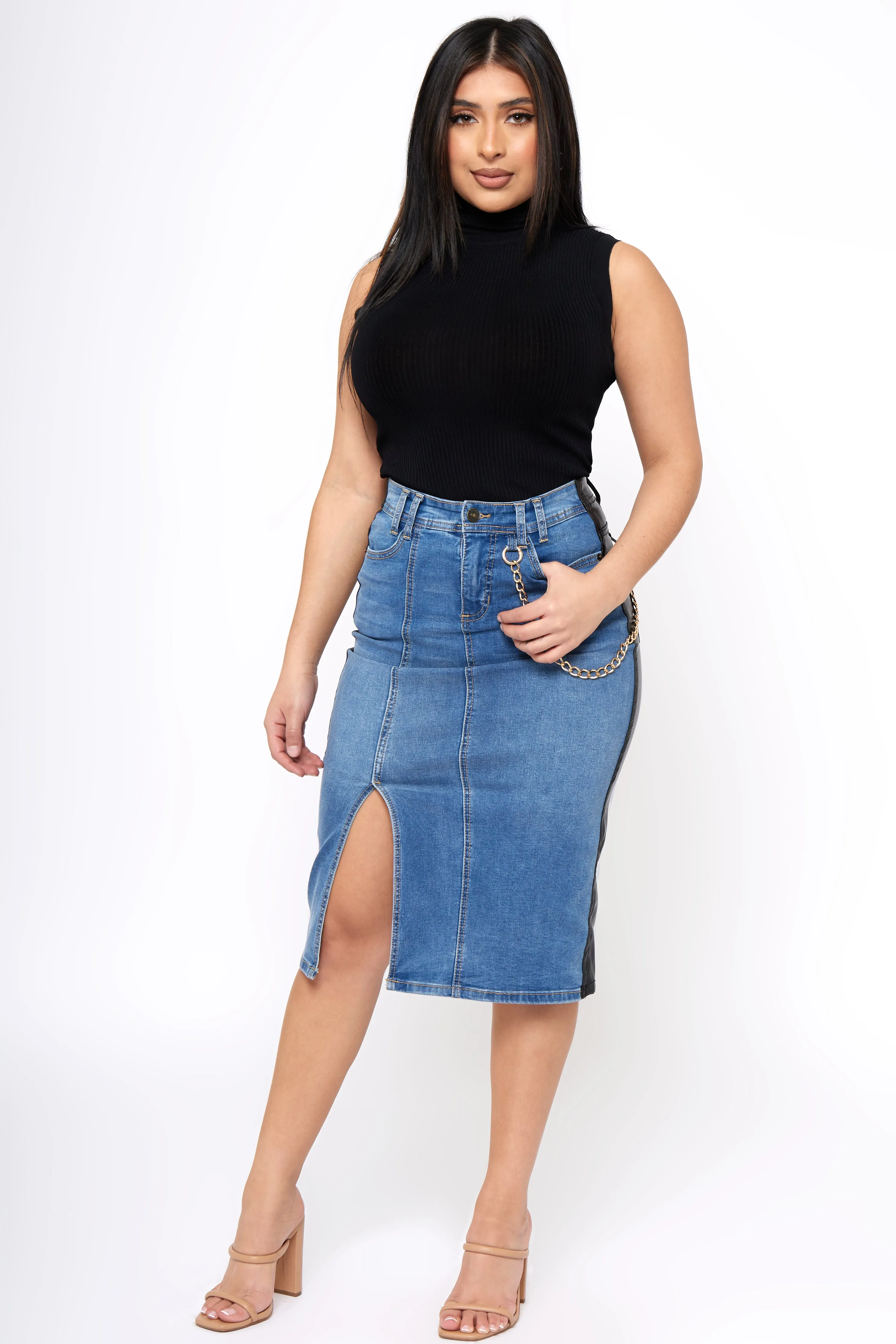 Sustainable Material Blend Bad Habits - Denim & Leather Midi Skirt