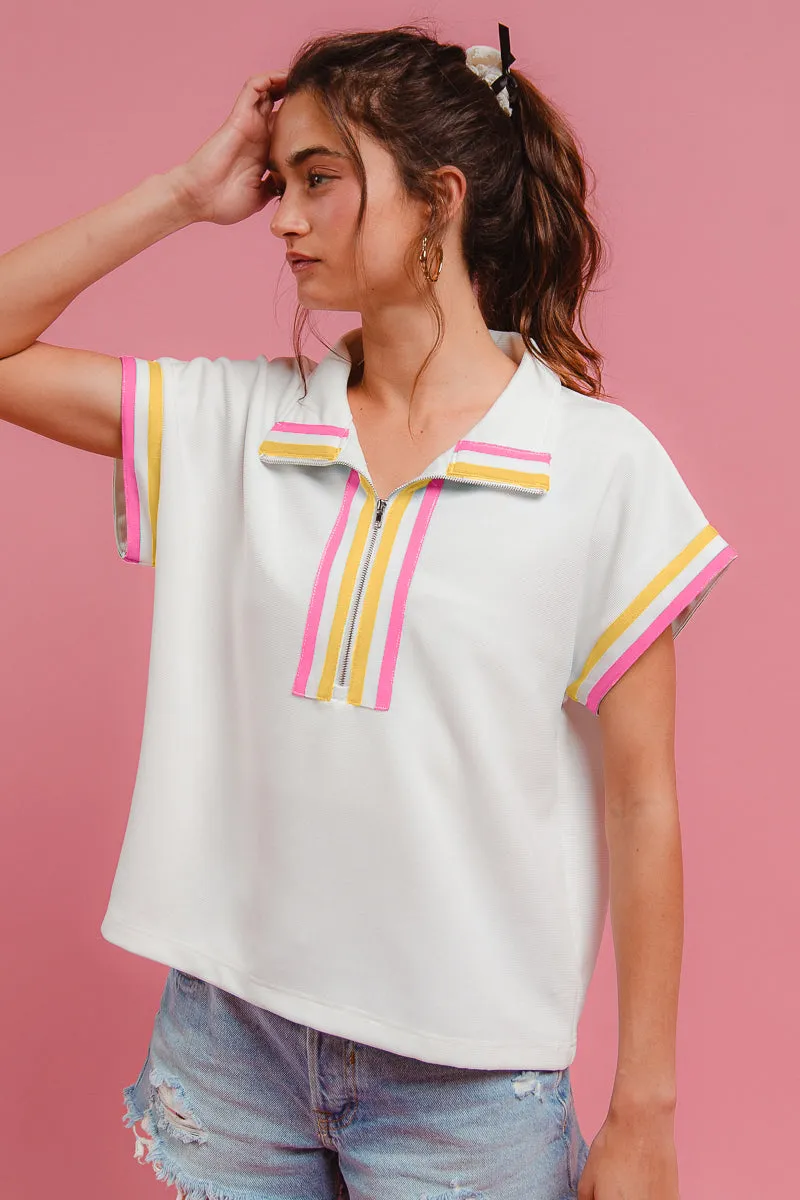 IT4225-01 | CONTRAST BANDED FRONT ZIP UP TOP Noise Free Fabric Anti Static Finish