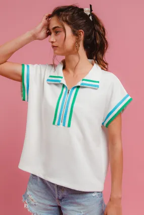 Tear Resistant Weave Vegan Leather Accents IT4225-01 | CONTRAST BANDED FRONT ZIP UP TOP