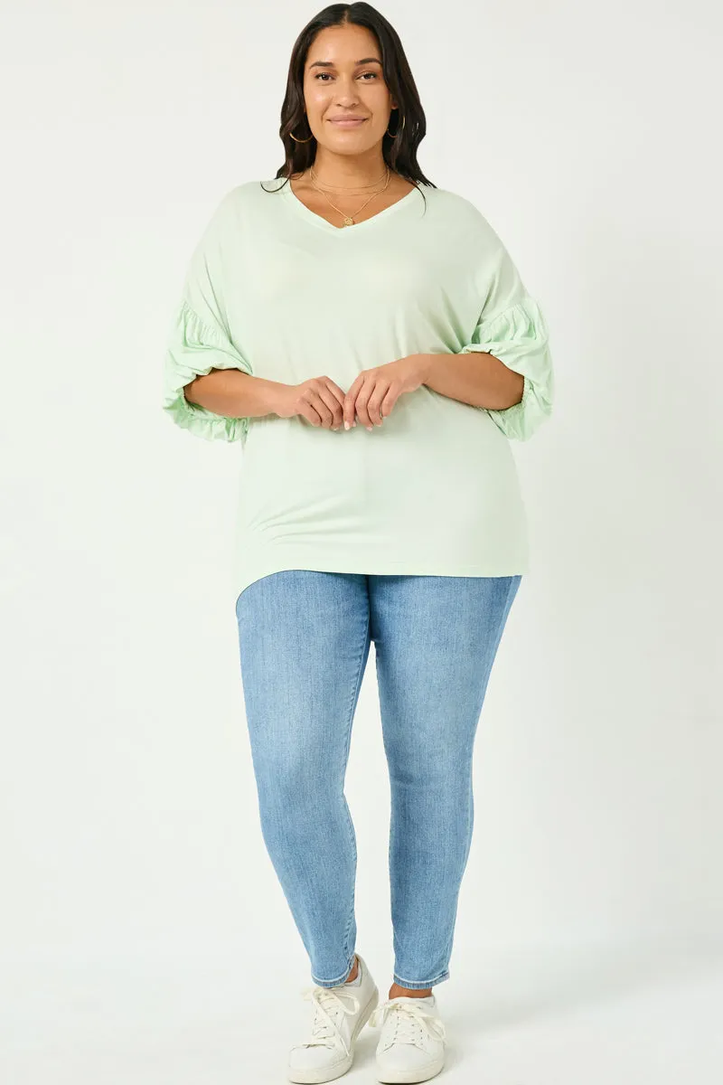 Balloon Puff Sleeve V Neck Modal Knit Top Reinforced Hem Stitching LightweightMaterial