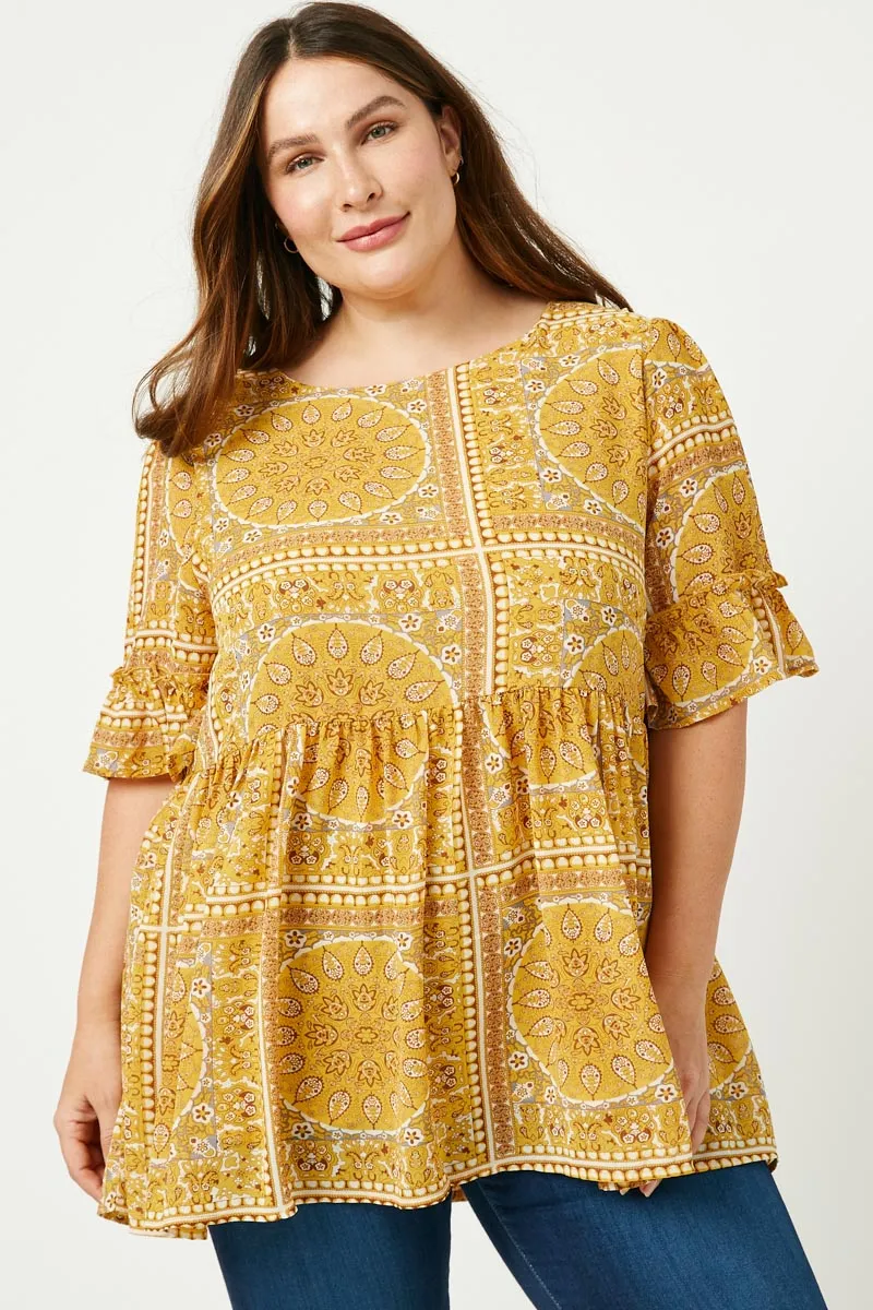 Soft Touch Gym Wear Bandana Print Ruffle Sleeve Peplum Top