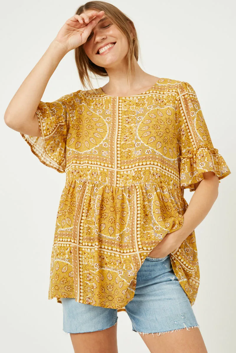 AbrasionResistant Edging Bandana Print Ruffle Sleeve Peplum Top