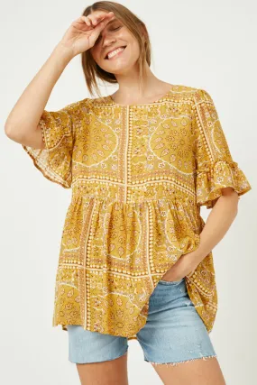 AbrasionResistant Edging Bandana Print Ruffle Sleeve Peplum Top