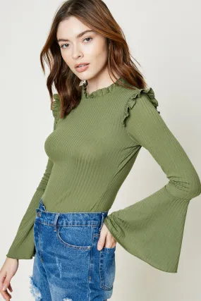 Bell Sleeve Ruffle Collar Knit Top StretchableKnit AntiPillingFinish