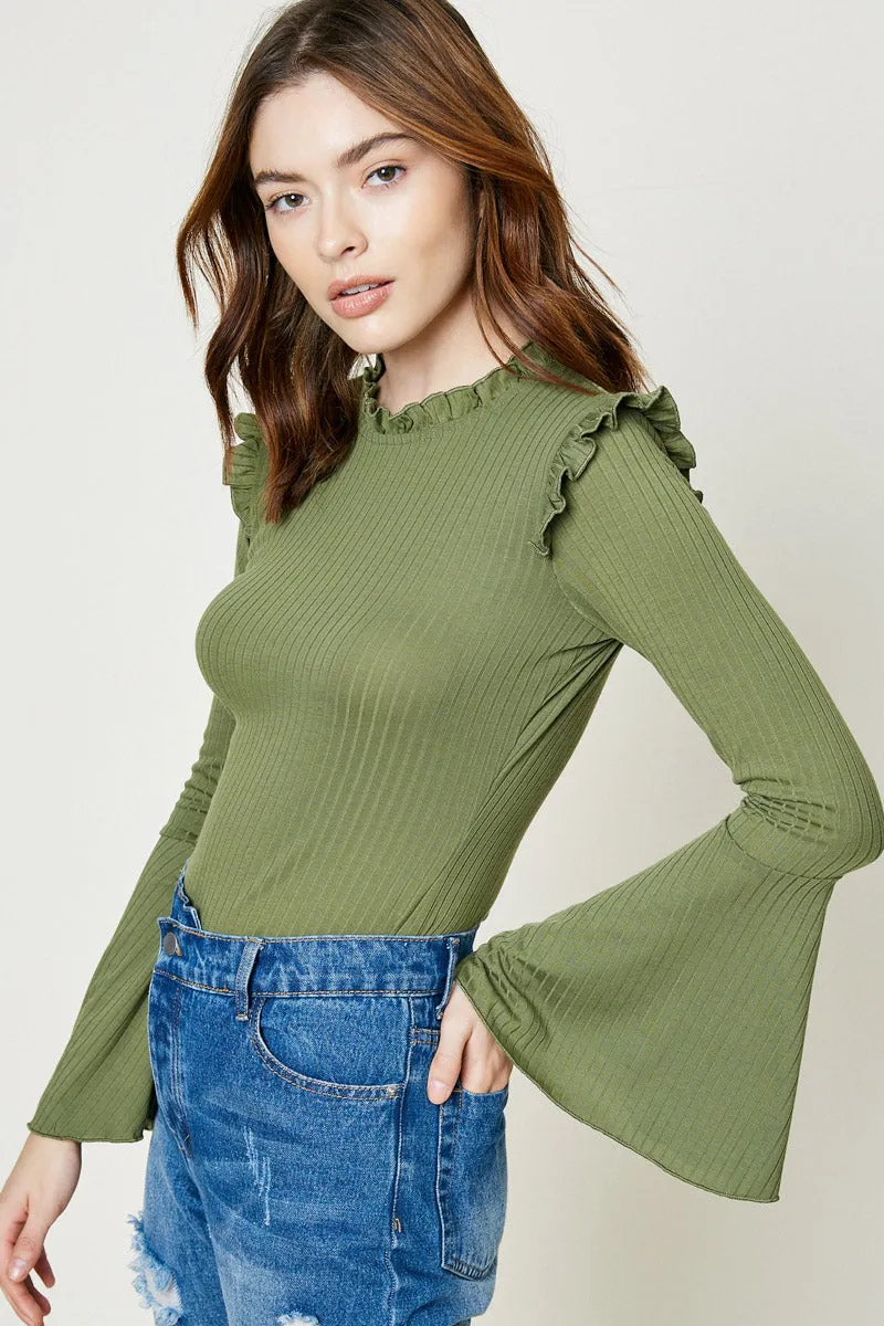 Bell Sleeve Ruffle Collar Knit Top StretchableKnit AntiPillingFinish