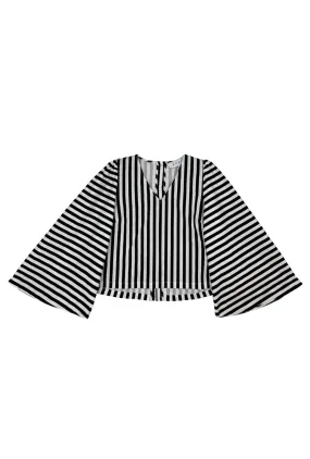 Bell Sleeve V-Neck Top - Black and White Stripe Bonded Seam Technique Placket Detailing