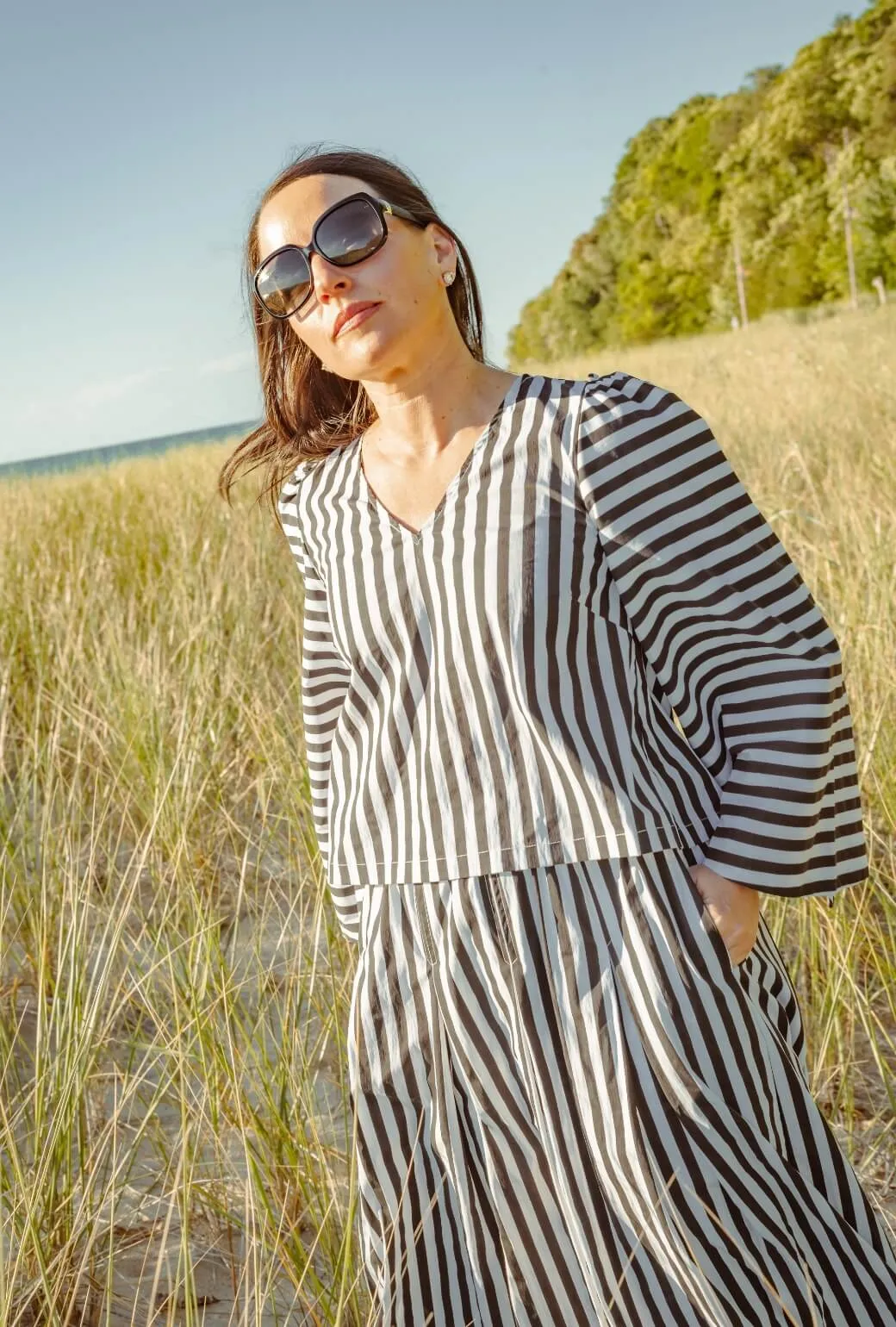 Versatile use Bell Sleeve V-Neck Top - Black and White Stripe