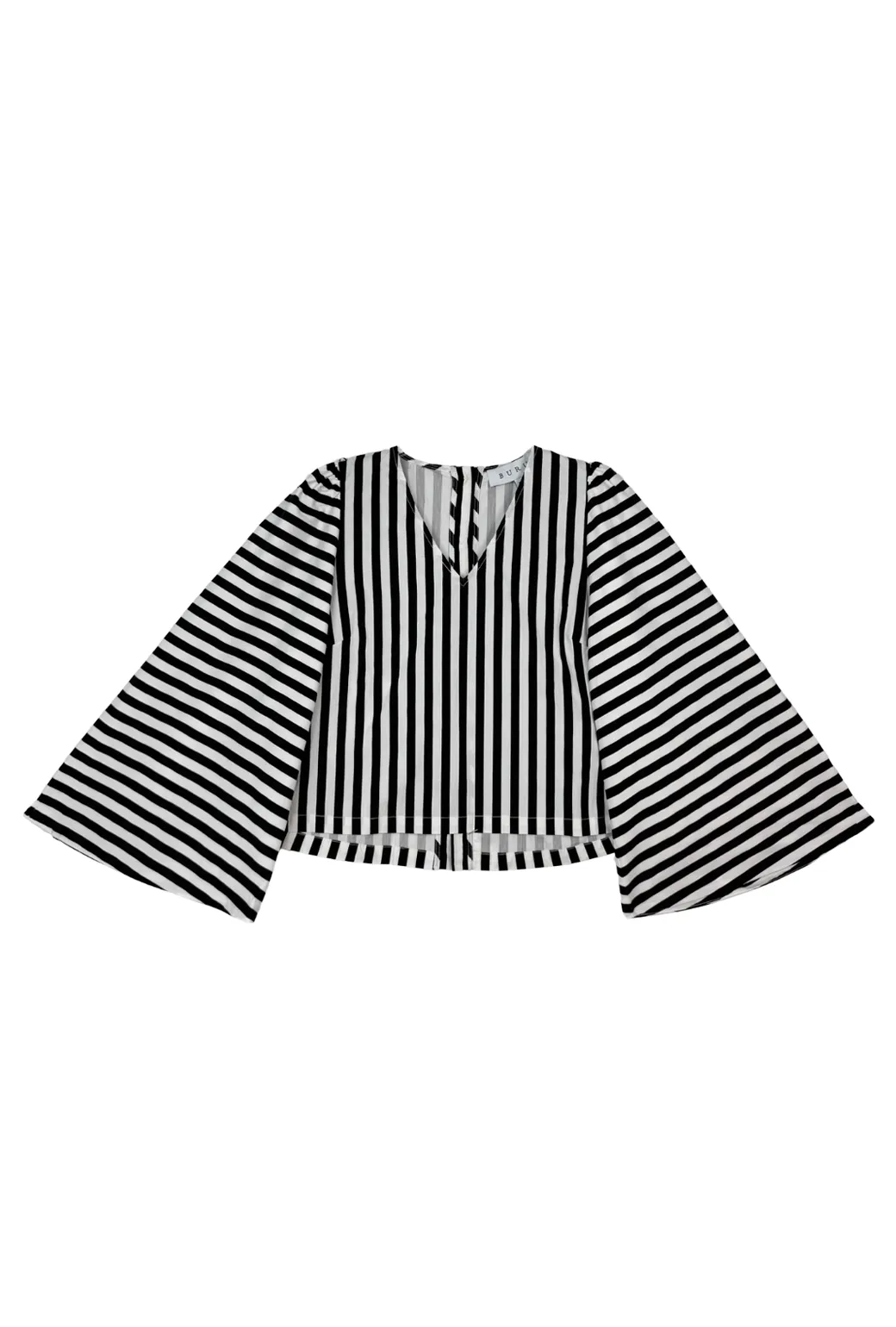 Bell Sleeve V-Neck Top - Black and White Stripe Bonded Seam Technique Placket Detailing
