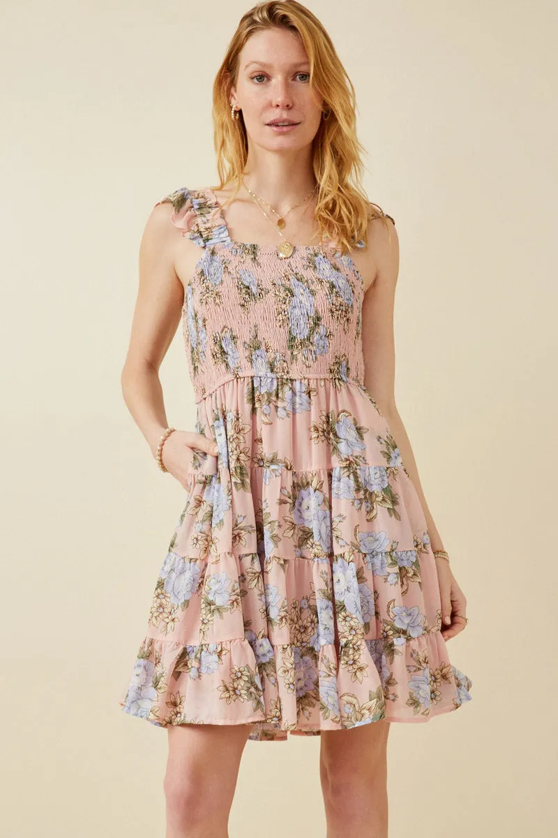 Smocked Detail Ruffled Strap Floral Print Dress Romance Soul Front-Slit
