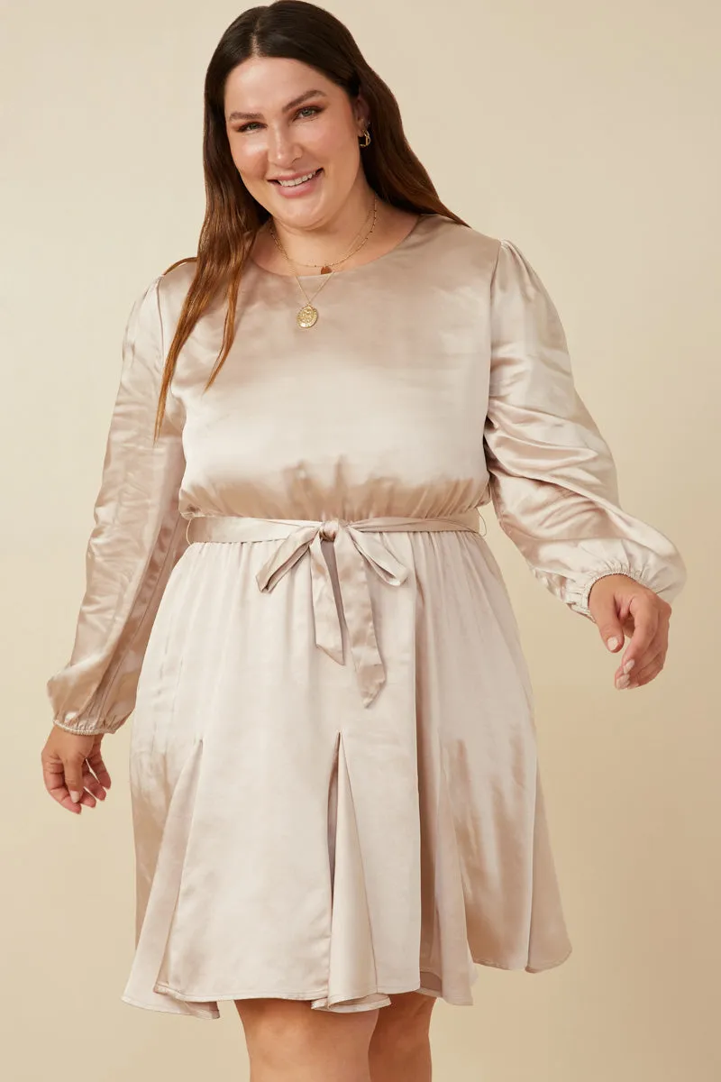 Belted Flared Skirt Satin Dress Loose Flow Contrasting Detail