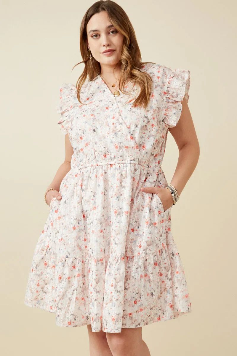 Summer-Season Light Silhouette Floral Print Eyelet Ruffle Tank Dress