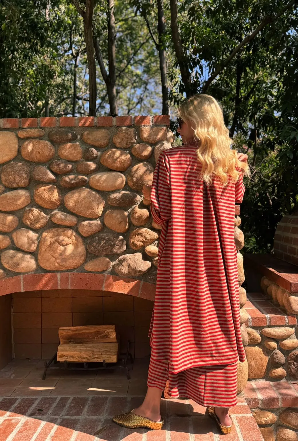 Belted Swing Coat - Taupe & Red Stripe Knit Oversized style