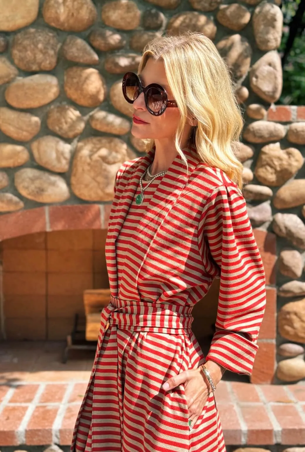 Travel Street Style Stretch Enhanced Mobility Zones Belted Swing Coat - Taupe & Red Stripe Knit