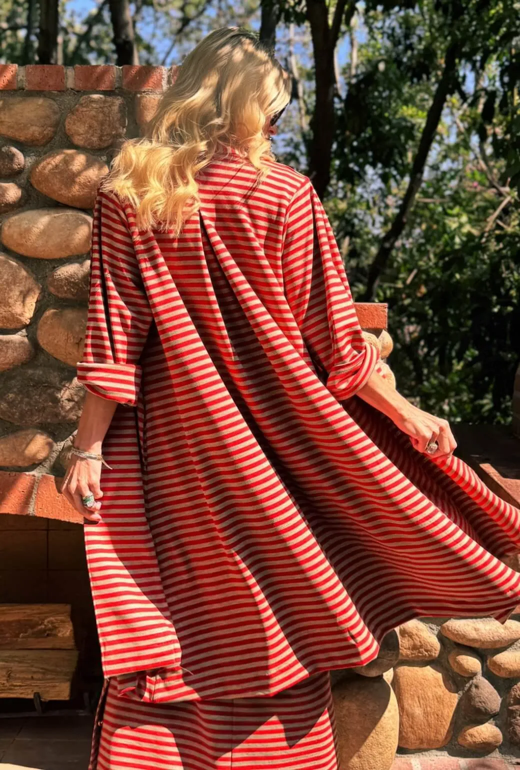 Belted Swing Coat - Taupe & Red Stripe Knit Everyday Fit Style