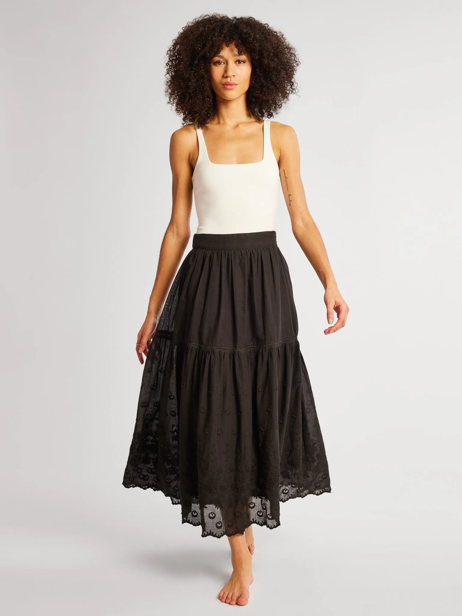 Smooth Look Lined interior Betty Skirt in Black Petal Embroidery