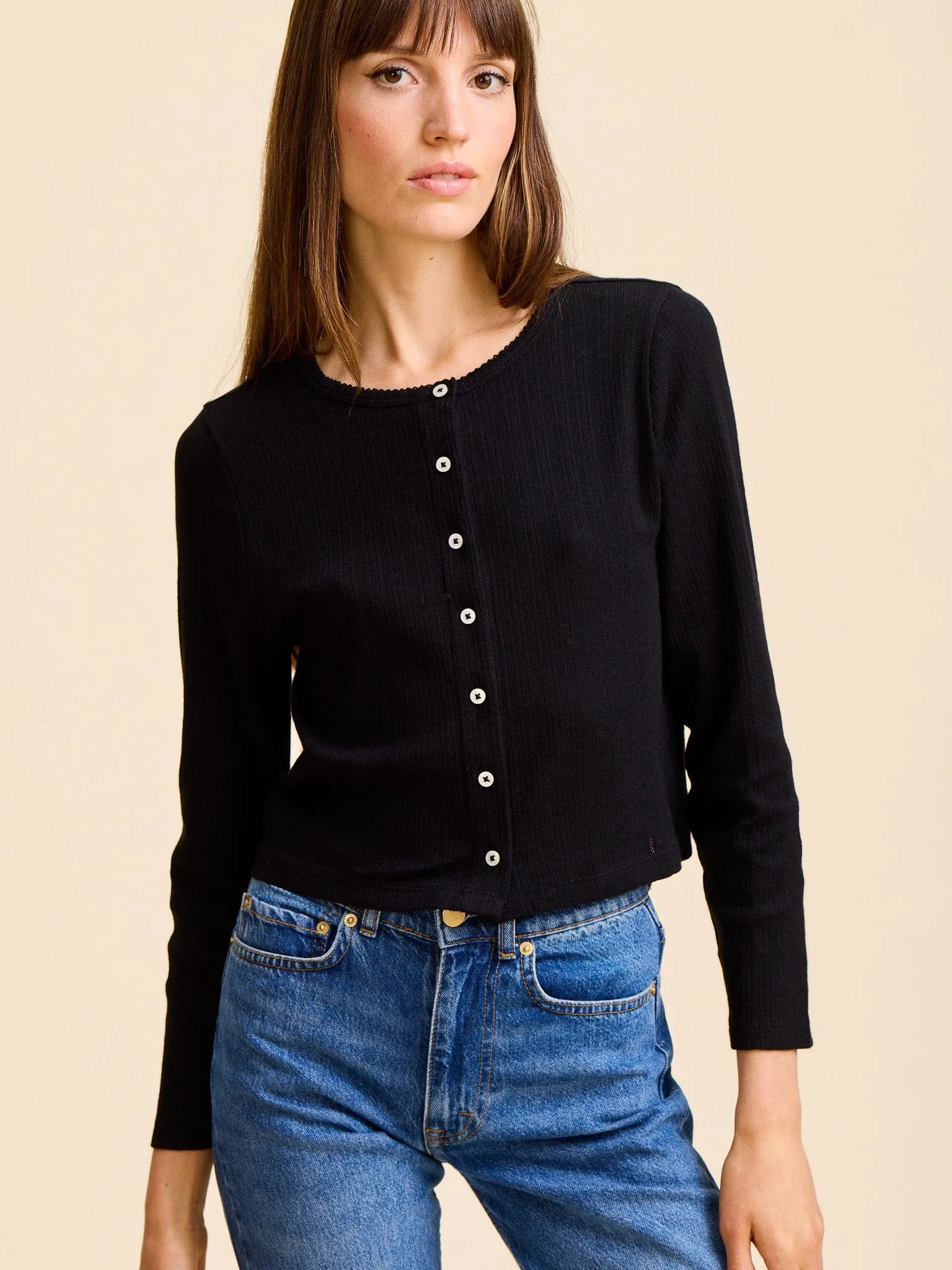 Bibi Pointelle Cardigan in Black QuickRelease