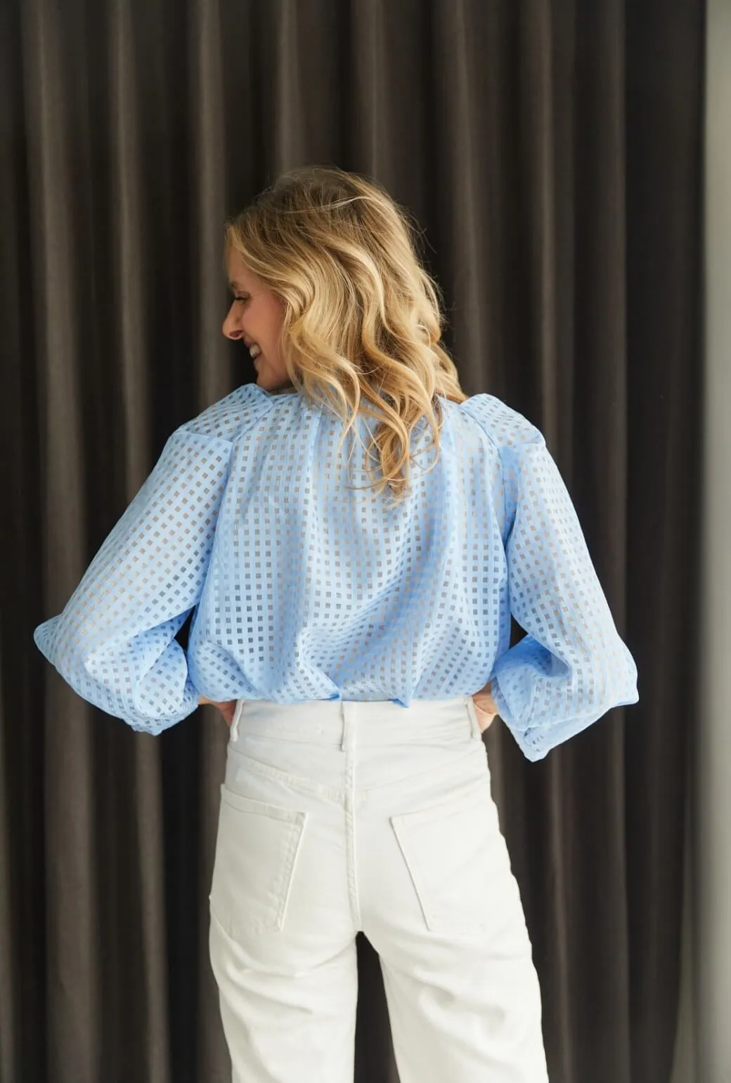 Elegant Cardigan Big Bow Blouse - Blue Sheer Gingham