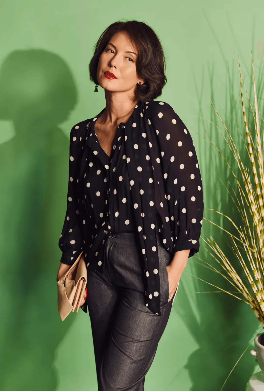 Relaxed Fit Shirt Layered Neckline Details Big Bow Blouse - Polkadots