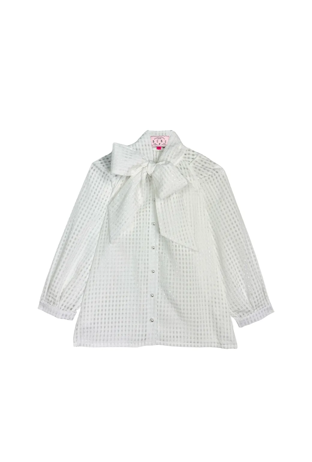 GarmentWashed Texture Big Bow Blouse - White Sheer Gingham
